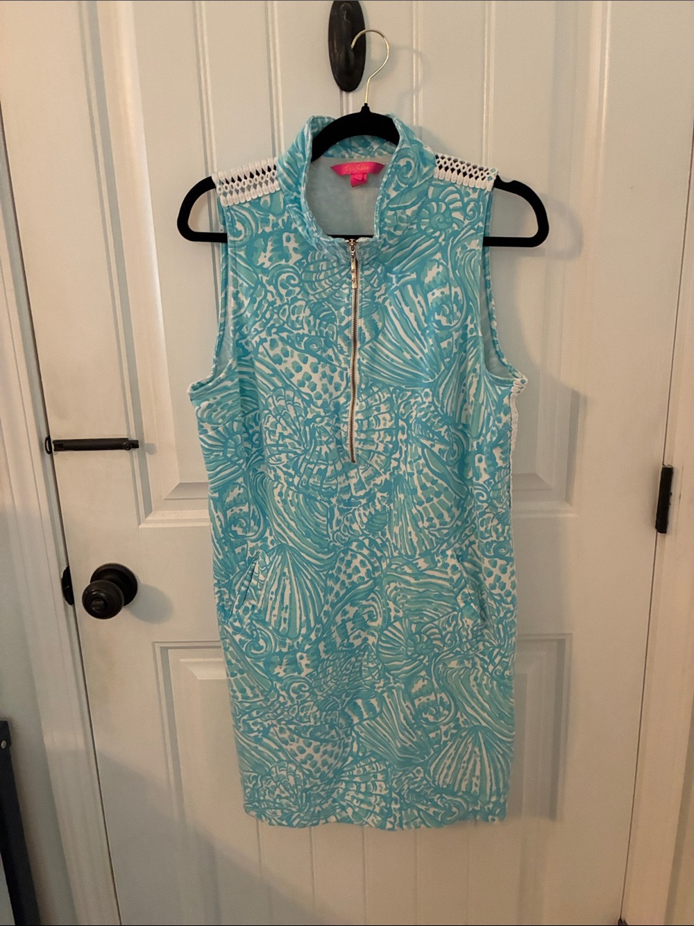 Lilly Pulitzer Sleeveless Aqua & White Printed Zip-Front Dress Top